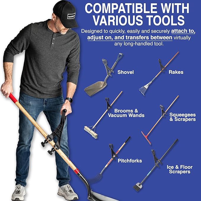 Universal Handle Attachment for Snow Shovel, Weedeater, String Trimmer, Rake & More | Versatile Ergonomic Back Saving Attachment for All Gardening Tools | Made in The USA (2 Pack)