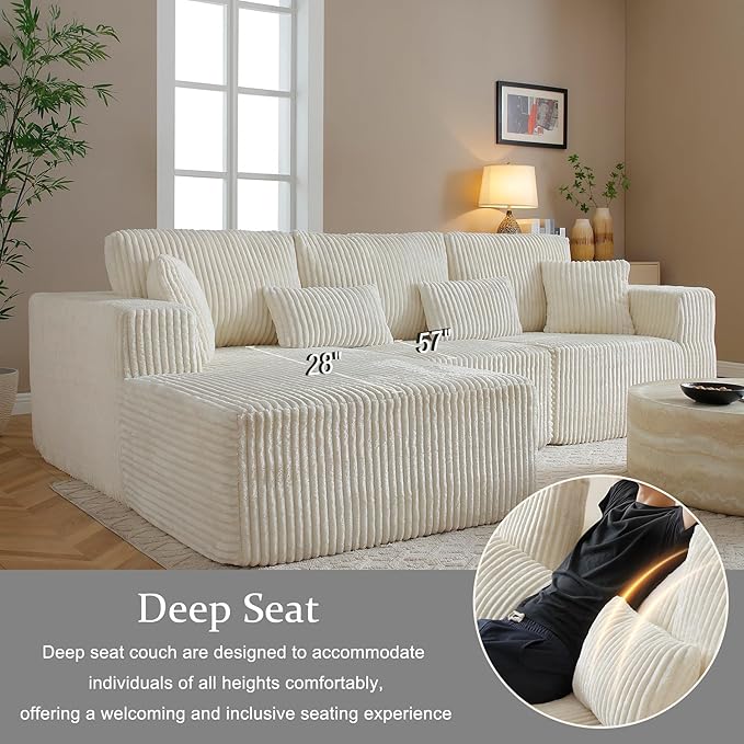 HYJT-H&K Modular Sectional Sofa Cloud Sectional Couch, 107" Comfy Fluffy L Shaped White Couches for Living Room, Deep Seat Memory Foam Plush Corduroy Boneless Couch Sectionals Left Facing Chaise Sofa
