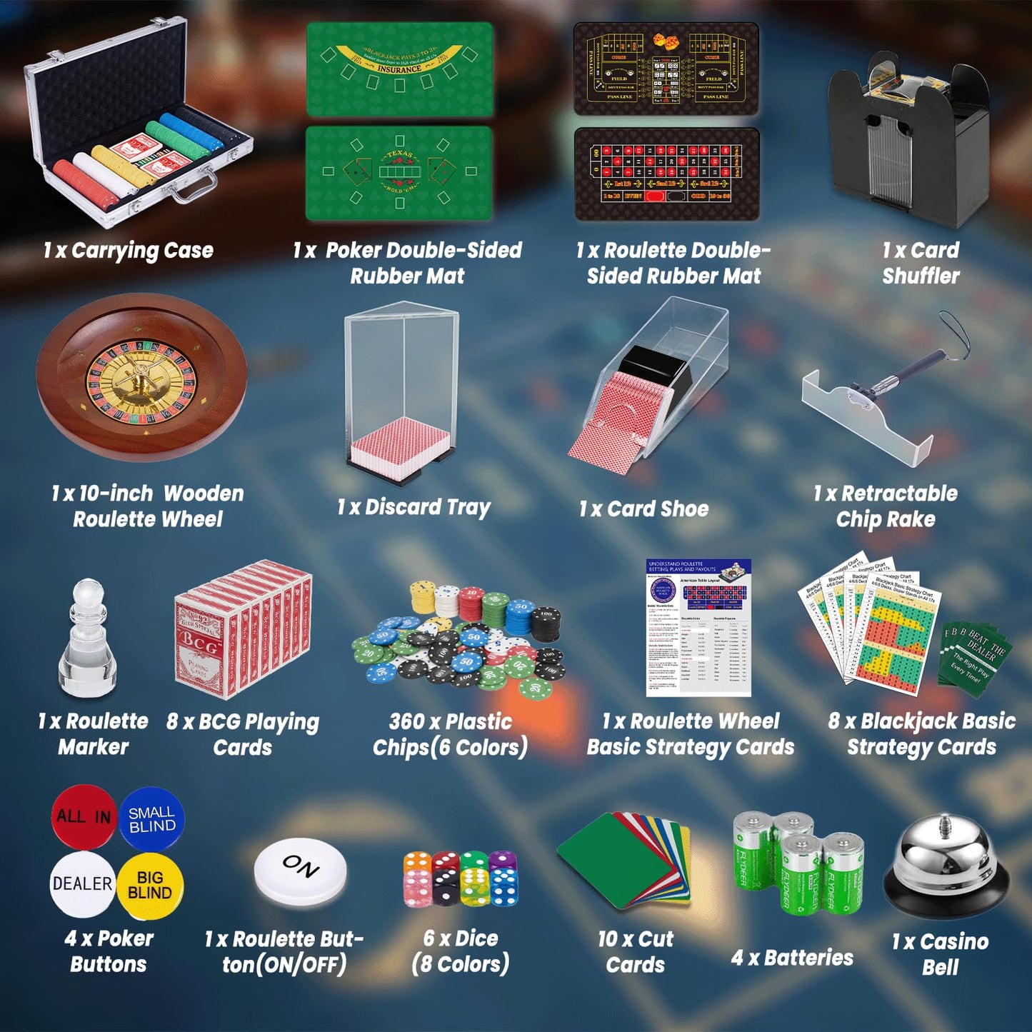 5 in 1 Super Casino Game Set: Blackjack/Texas Hold'em/Roulette/Craps/Poker Kit, 10" Wooden Roulette Wheel, Carrying Case with 360 Plastic Chips, 6 Deck Shuffler, 2 Double-Sided Rubber Mat And More