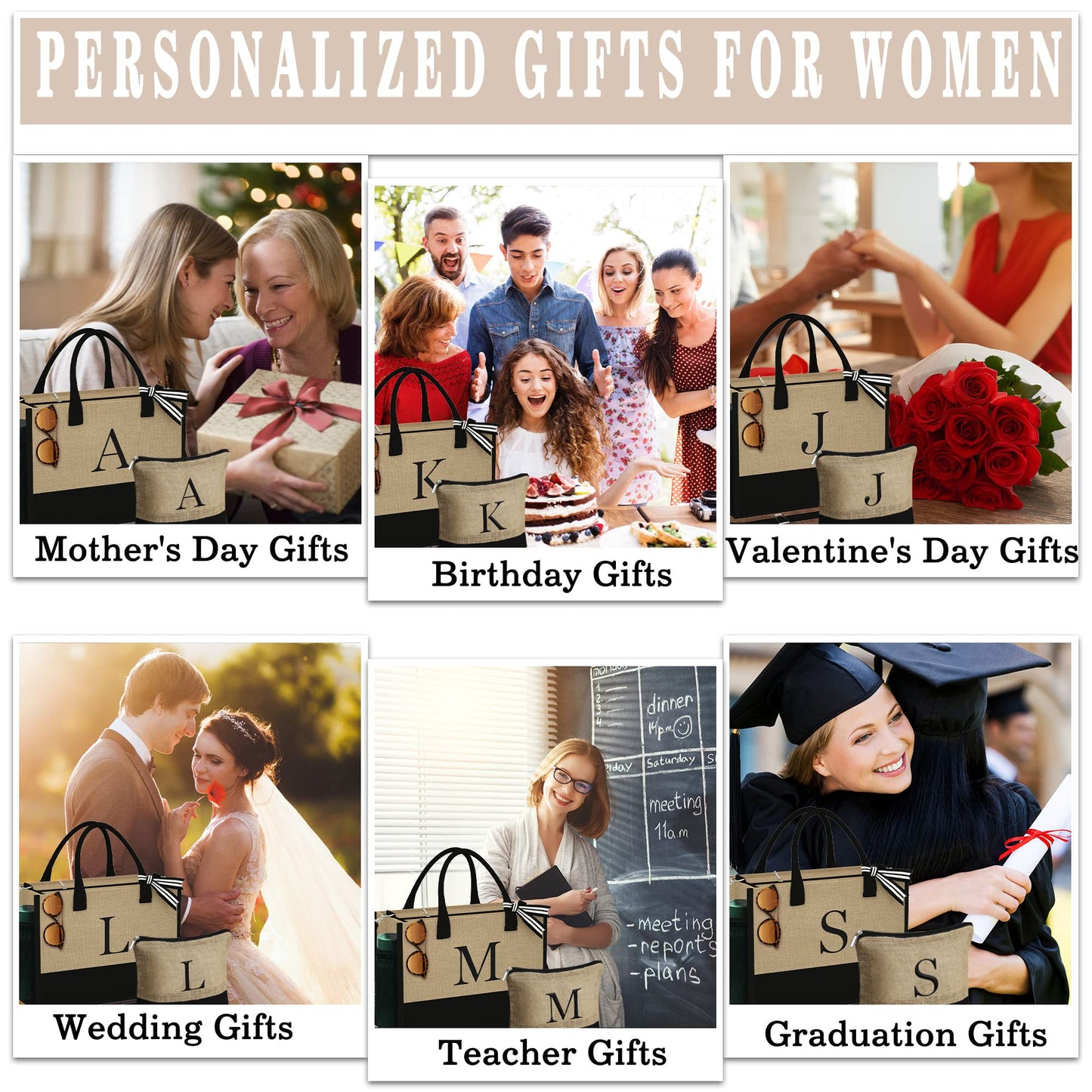 YOOLIFE Gifts for Women - Birthday Gifts for Women, Personalized Gift for Mom Sister Teacher, K Initial Tote Bag, Gift for Her, Friend Teacher Wife Mom Birthday
