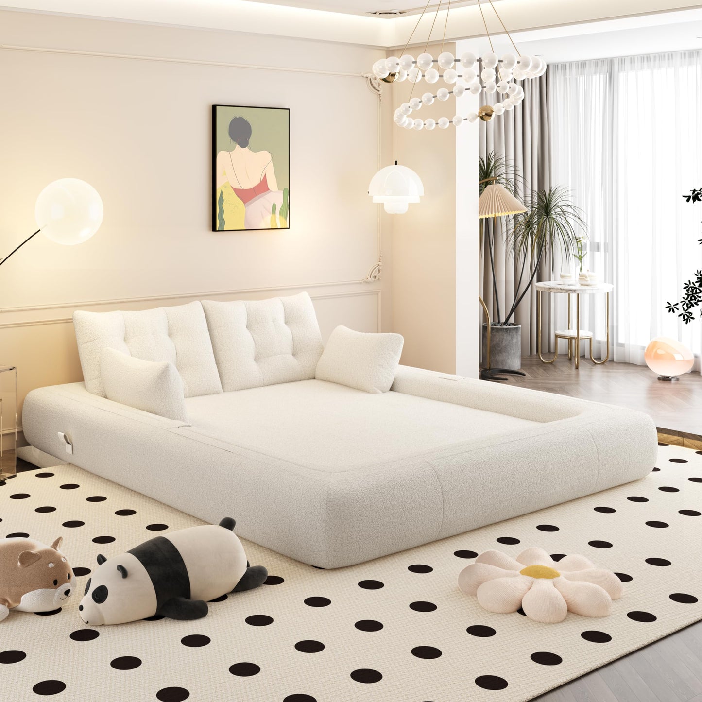 Ball & Cast Multi-Functional Foldable Sofa Bed with High-Density Foam,Teddy Fabric Upholstered Couch W/4 Pillows,Convertible Sleeper Sofas Bed,Living Room Furniture for Bedroom,Apartment,Beige,79"