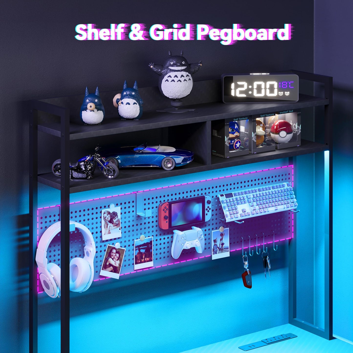Apicizon L Shaped Gaming Desk 53", Reversible Corner Computer Desk with LED Lights, Carbon Fiber Surface, Pegboard with Hooks, Drawer & PC Tower Stand, USB Charging Port