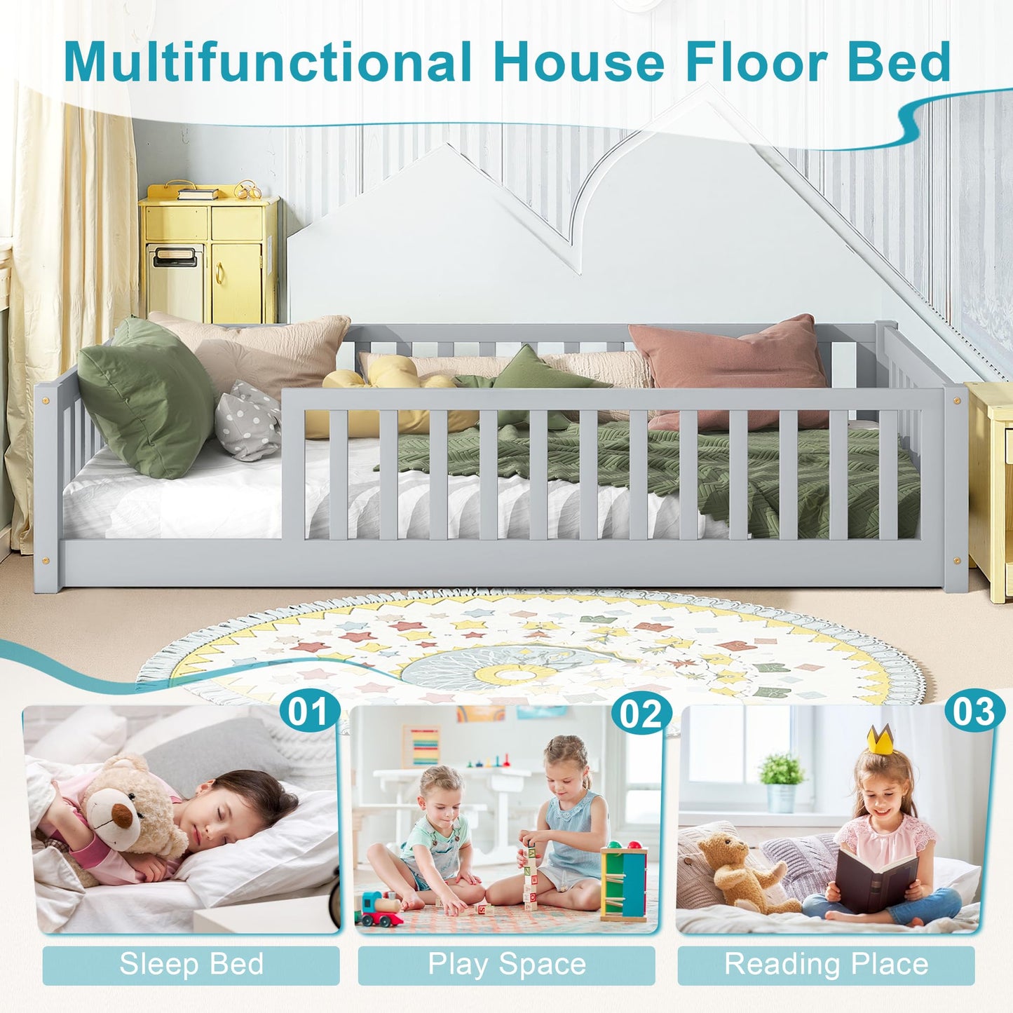 Lyngins Twin Size Floor Bed for Kids Montessori Bed Frame with Wood Slats, High Fence Floor Bedframe Twin Beds for Boys, Girls, No Doors, Gray