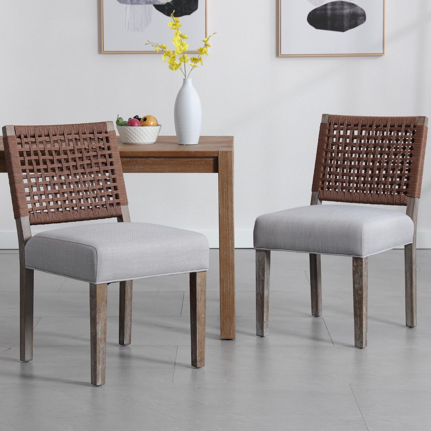 chairus upholstered Dining Chairs Set of 2, Farmhouse Dining Room Chairs Grey Kitchen Chairs with Low Woven Rope Back Wooden Side Chair for Kitchen Dinning Room Restaurant - Linen, Dark Grey