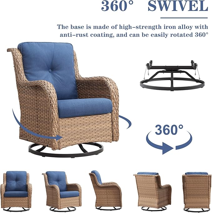 Belord Wicker Outdoor Furniture Patio Furniture Set - 6 Piece Patio Conversation Set with Swivel Rocker Chairs, Rattan Sofa, Ottomans and Coffee Table, Blue Cushion