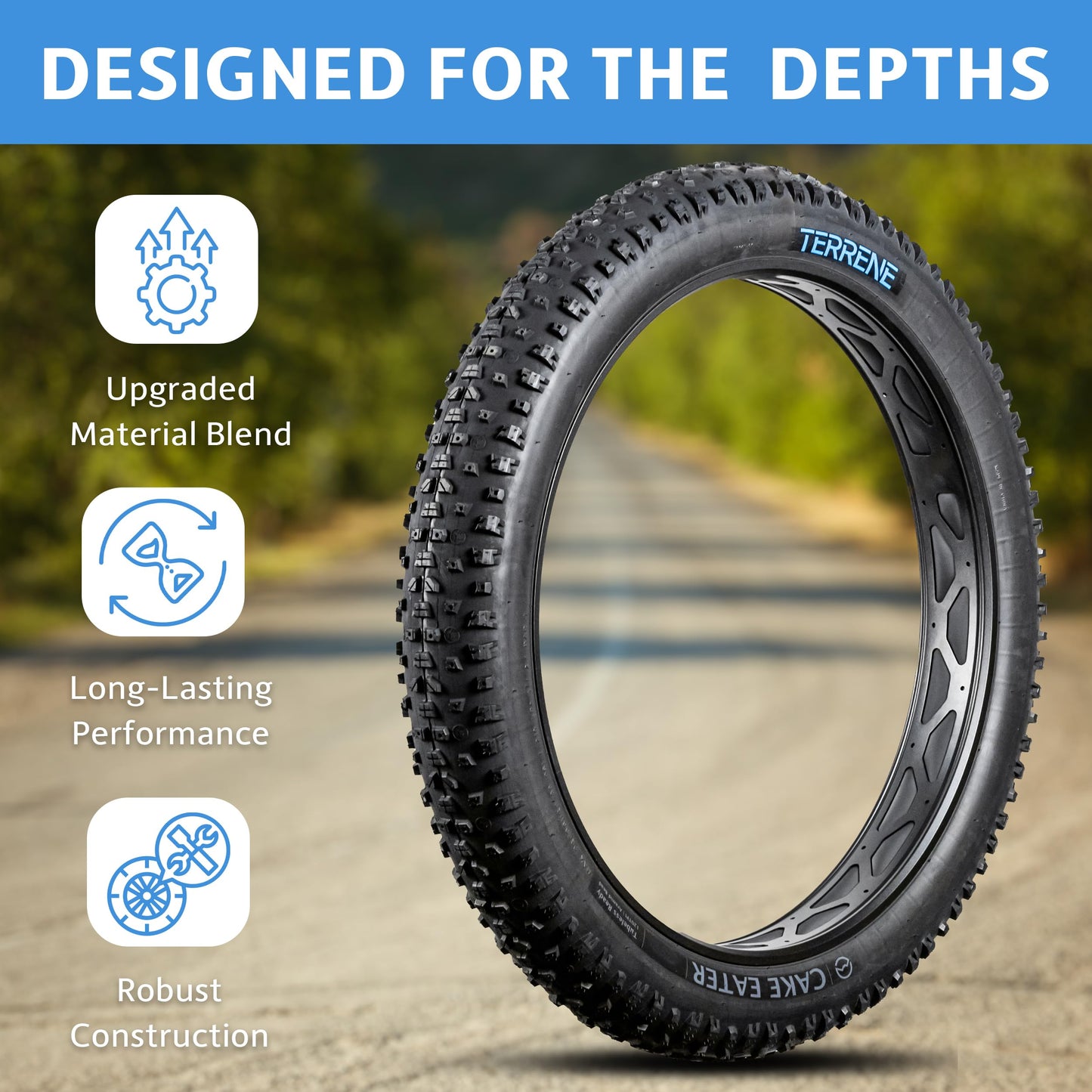 Fat Bike Tire by Terrene - Cake Eater Light 26X4.0 Inch Tubeless, Stud Capable, Fast Rolling Fat Tire for Snow, Ice Traction - All Season Bike Accessories for Fat Tire and E-Bikes - 120 TPI