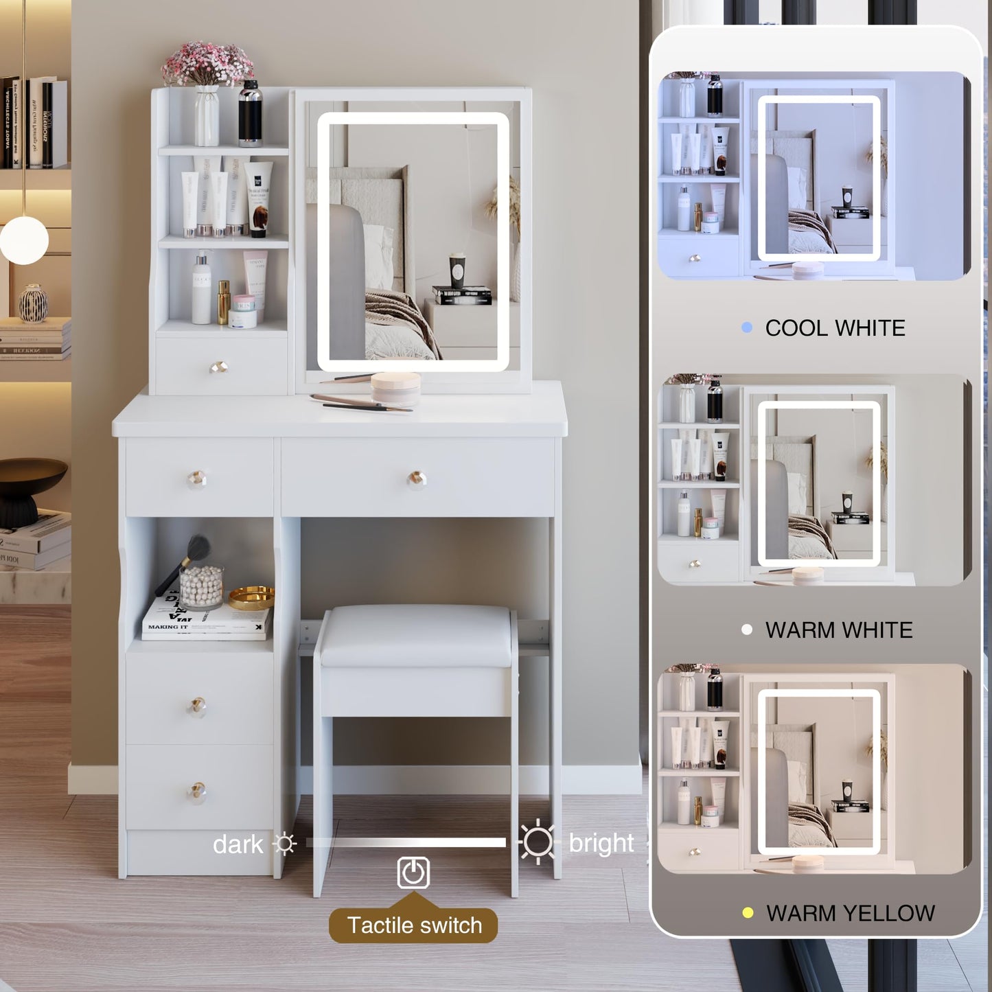 Zyerch Small Makeup Vanity Desk with Mirror and LED Lights, Small Vanity Desk with Storage Stool, 3-Mode Adjustable Lights, Compact Vanities with Storage Shelves Drawers，White