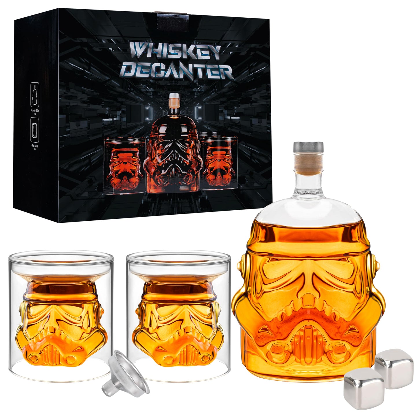 Transparent Creative Whiskey Decanter Set with 2 Glasses, Funnel,Decanter Stone, Flask Carefe, for Wine, Scotch Whiskey, Bourbon Whiskey, Vodka, Spirits-750ml, Thickened, Gifts for Men