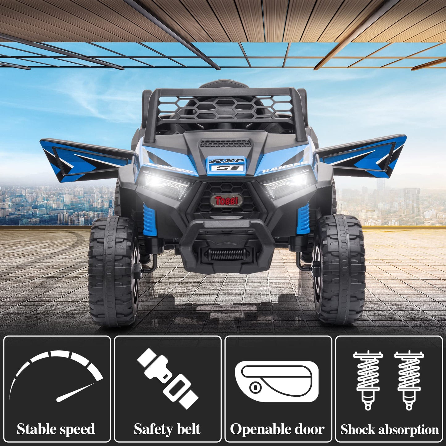 TOBBI 12V Kids Ride on Car, Electric Off-Road UTV Truck with Forward and Reverse Functions, Double Open Doors, Safety Belt, Horn, Music, and Lights for Kids Aged 3-5 Years (Blue)