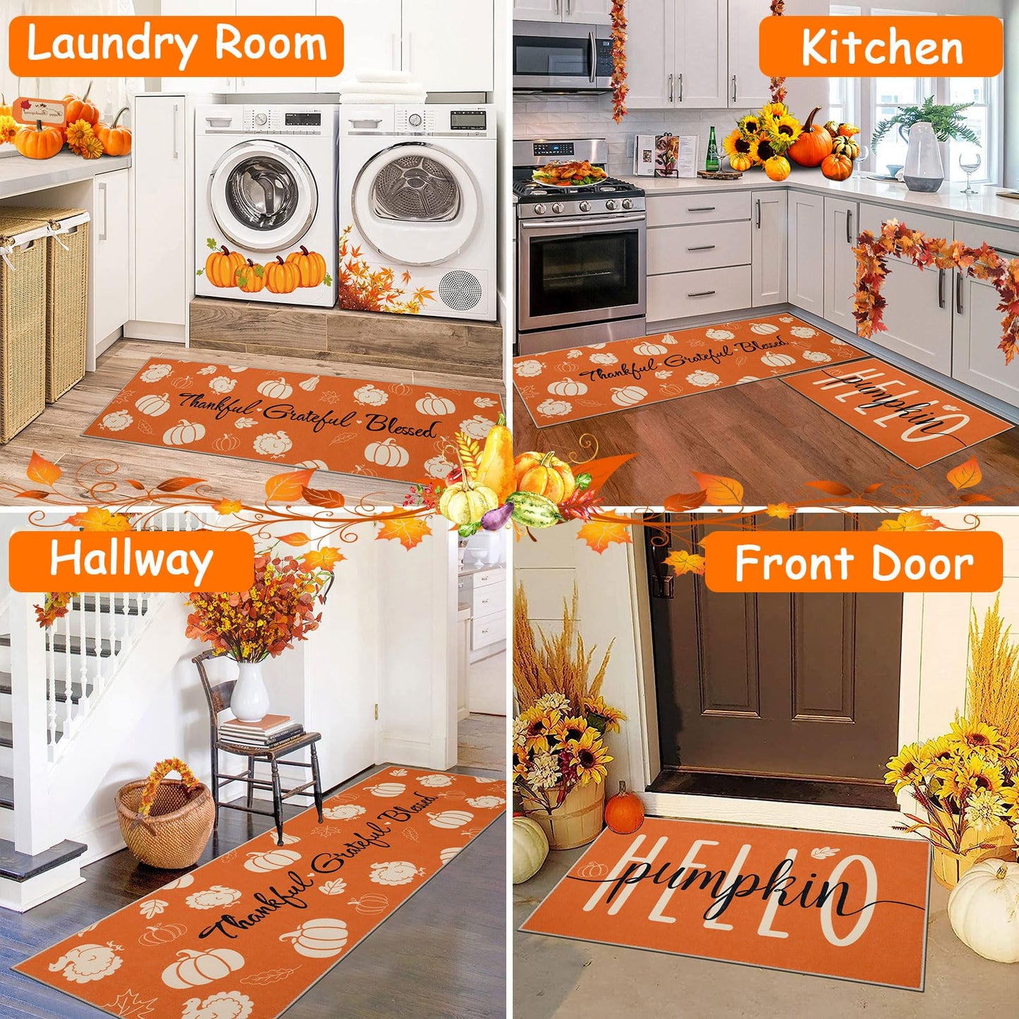 Ileading Fall Kitchen Rugs Set of 3, Washable Kitchen Mats for Floor, Non Slip Thanksgiving Kitchen Rugs and Mats Decor, Autumn Harvest Hello Pumpkin Floor Carpet for Kitchen Hallway Laundry Room