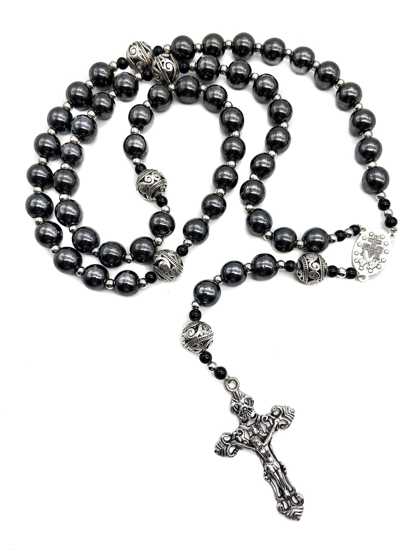 Nazareth Store Hematite Rosary Black Stone Beads Necklace Metal Beaded Miraculous Medal & Cross Rosary For Men and Womens NS