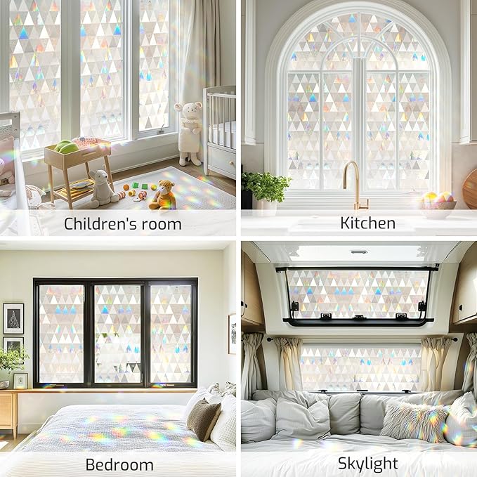 LUTE Window Privacy Film, Decorative Stained Glass Rainbow Window Clings, Sun Blocking Glass Covering, Renter-Friendly Static Cling Sticker Frosted Decals for Home Door Office, 17.5" x 118.1"
