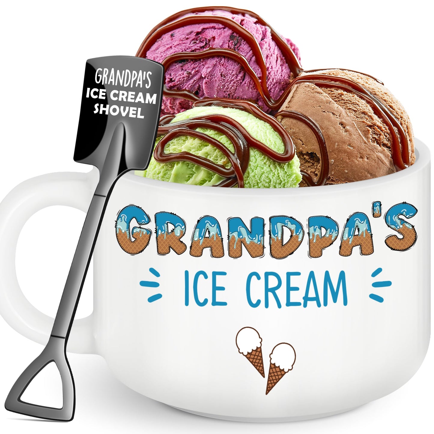 Grandpa Christmas Birthday Gifts,Best Grandpa Ever Gifts from Grandkids,Great Xmas Present for Grandfather Grandparents Papa from Granddaughter Grandson,Funny Ice Cream Bowl with Shovel Spoon Set Gift