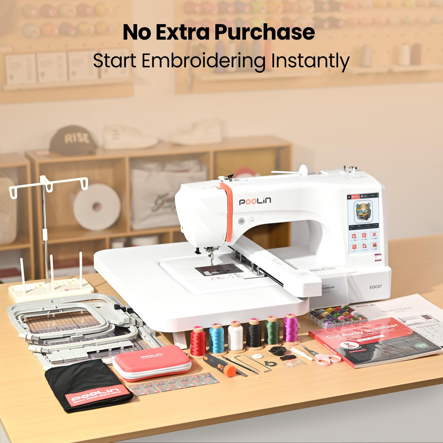 Poolin EOC07 Embroidery Machine, 7.9" x 15" Large Embroidery Area, 7" Touchscreen Institch OS3, Embroidery Starter Supplies Included, Wi-Fi Design Transfer Digital Software for Custom Projects