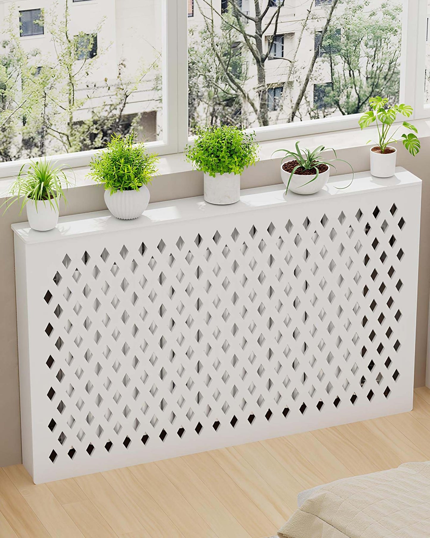 YYmmDQ White Radiator Cover for Home, Modern Rhombus-Grille Decoration Radiator Wall Heater Cover Cabinet Storage Shelf for Living Room, Bedroom Hallway, Home Furniture(19.7" Lx23.6 Hx5.9 W)