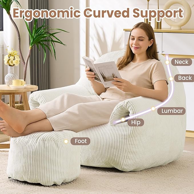 Peace nest Bean Bag Chair with Memory Foam Filled Ultra Soft Corduroy Cover for Adults Comfy Fur Bean Bag Chairs with Armrests Ottoman for Bedroom Living Room Office Dorm Reading Beige