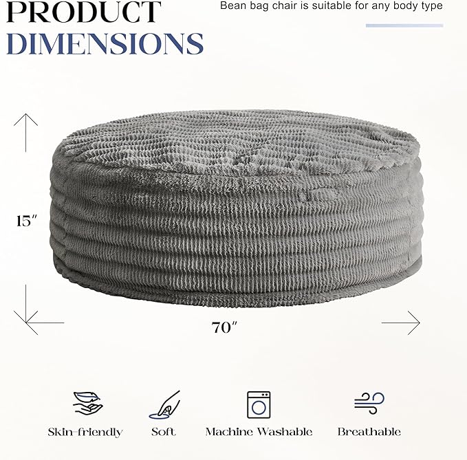 Hobestluk Bean Bag Chairs Beanbag Chair with Filler Adult Bean Bags with Fluffy Ripple Cover, Giant Bean Bag Chairs for Adults (Grey, 6FT - 70" x 70" x 15")