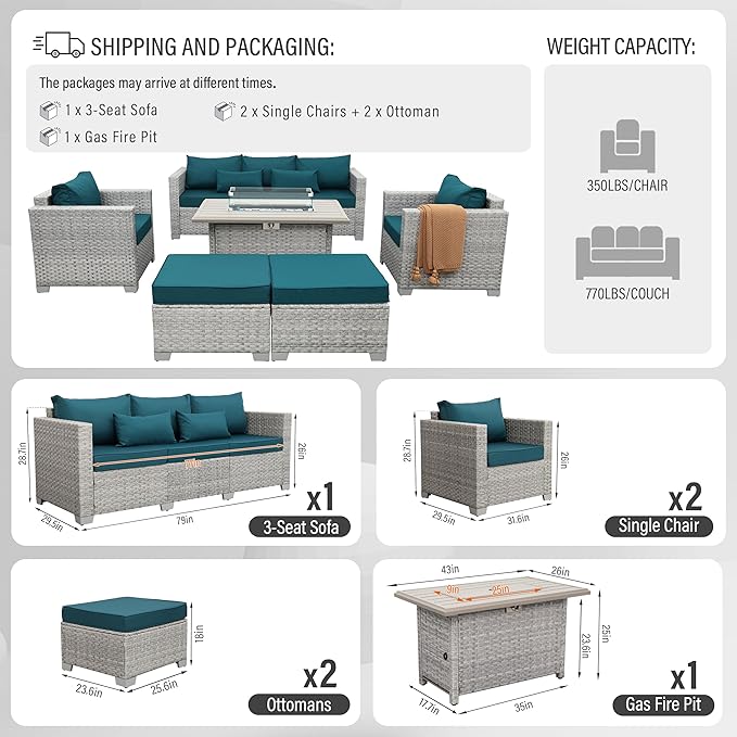 WAROOM Patio Furniture Set 6 Piece Grey Wicker Outdoor Sectional Sofa Balcony Furniture Couch PE Rattan Conversation Sets with Fire Pit Table, Peacock Blue Cushion