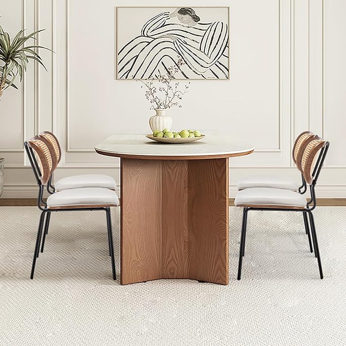HOCEWI Rattan Dining Chairs Set of 2, Mid Century Modern Dining Chairs with Cane Back for Kitchen Dining Room, 19 Inch Faux Leather Beige
