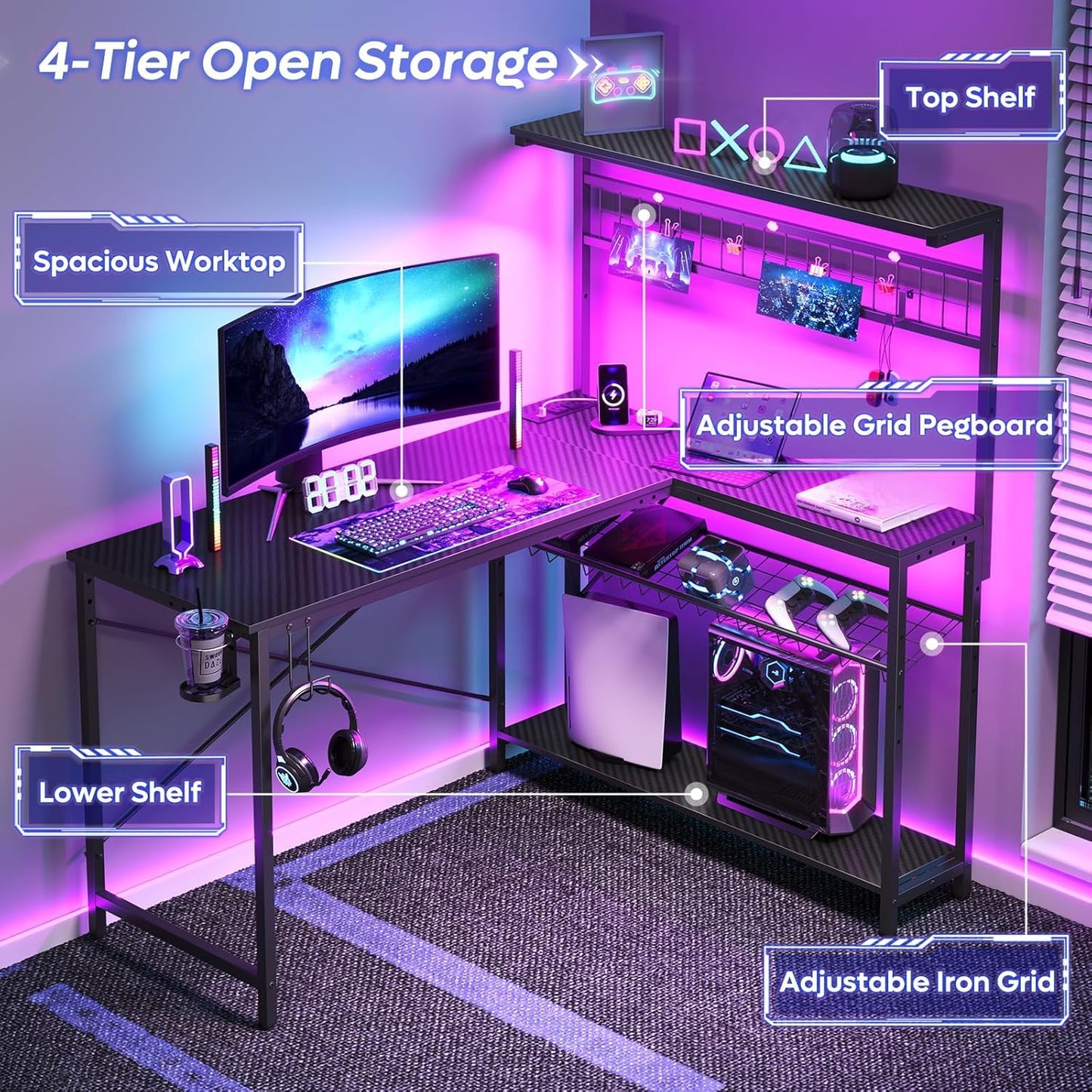 Bestier Gaming Desk 51" L-Shaped, with Power Outlets & LED Lights- 4 Tier Shelves, Reversible Gamer Table with Hooks & Cup Holder for Home Office Carbon Fiber Black