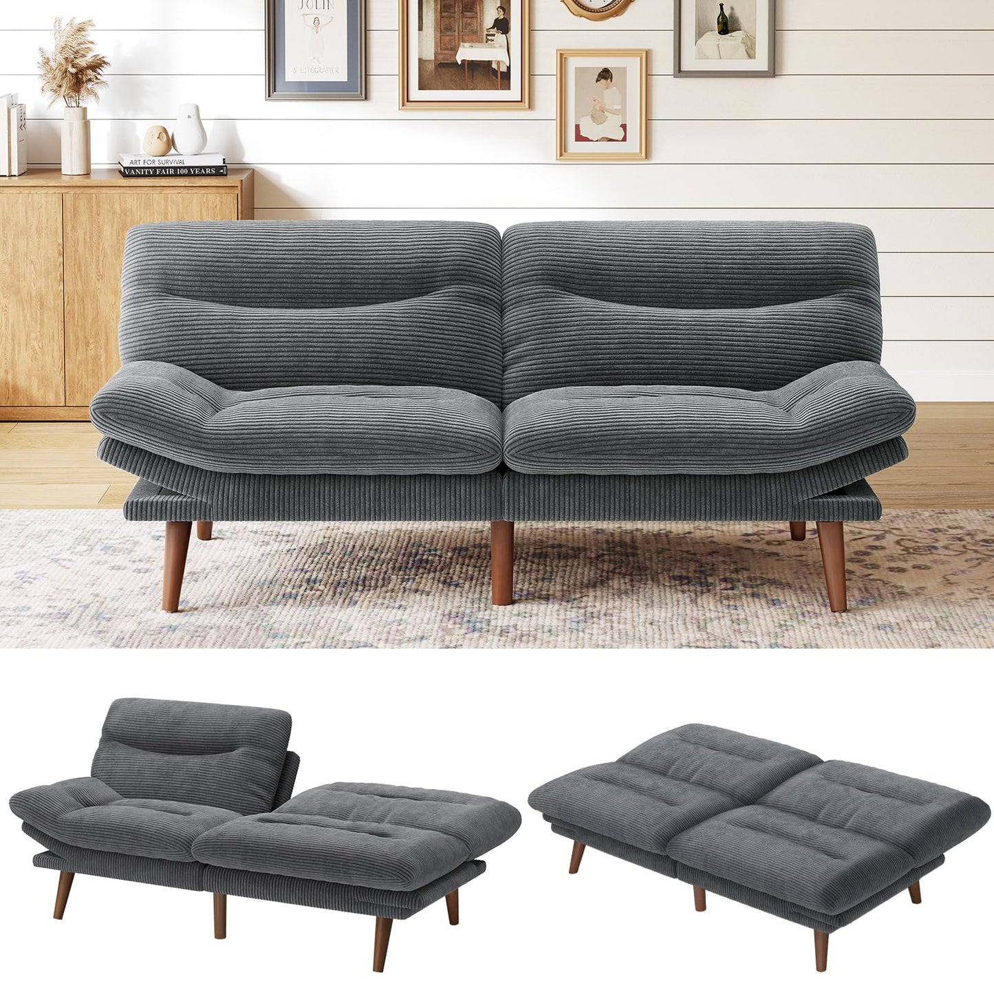 Marsail Futon Sofa Bed, Futon Couch with Adjustable Backrest & Armrests, Convertible Small Sleeper Sofa Bed for Small Apartments, Study Room, Office, Corduroy Loveseat, Dark Grey