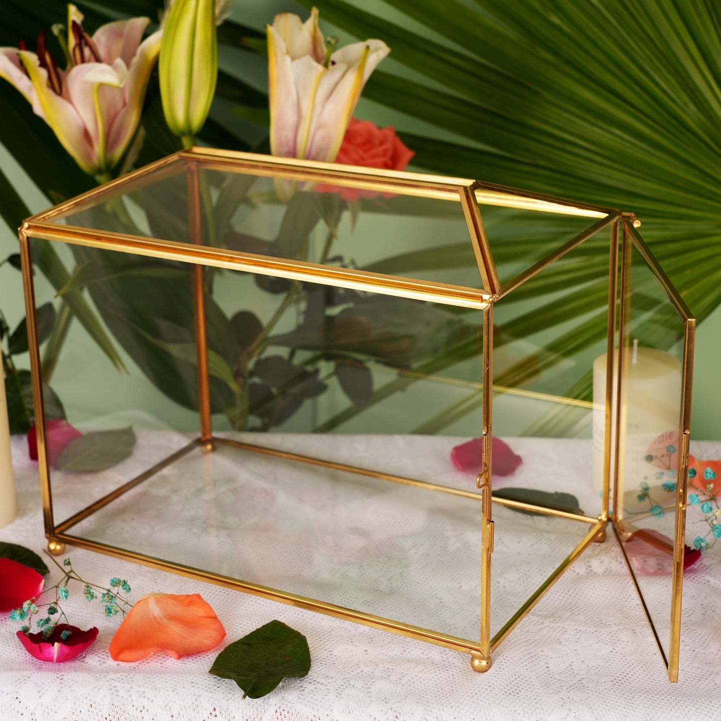 WHSLILR 12.6" Glass Card Box Wedding Card Box with Lock for Wedding Reception Cosmetic Home Decor, Handmade Large Geometric Terrarium with Hinged Lid, Brass Frame - (Golden/Roof)
