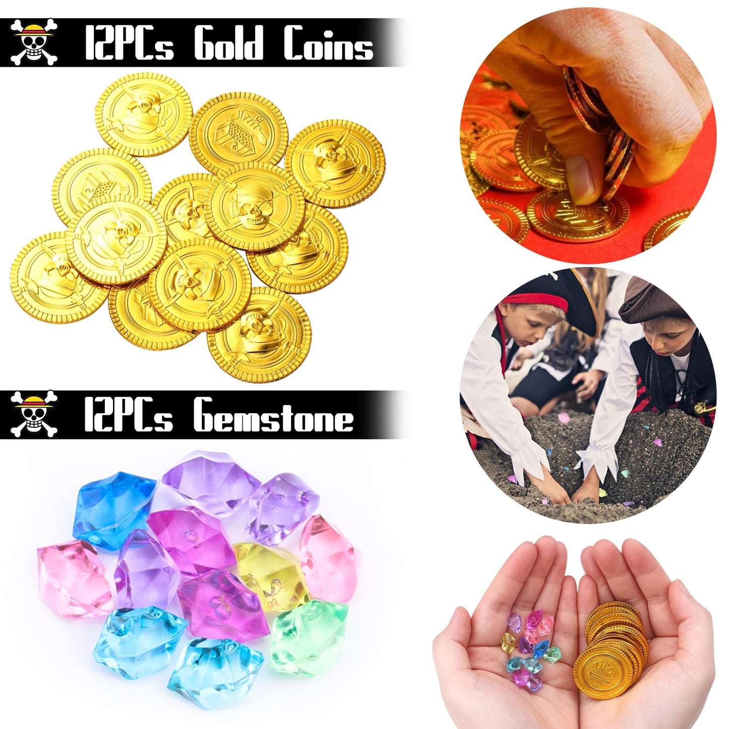 CHRIMISS Pirate Party Favors - 96PCS Supplies with Gold Coins, Gems, Keychains, Bracelets, Eye Patches & Mustache Tattoos for Birthday Party Goodie Bags