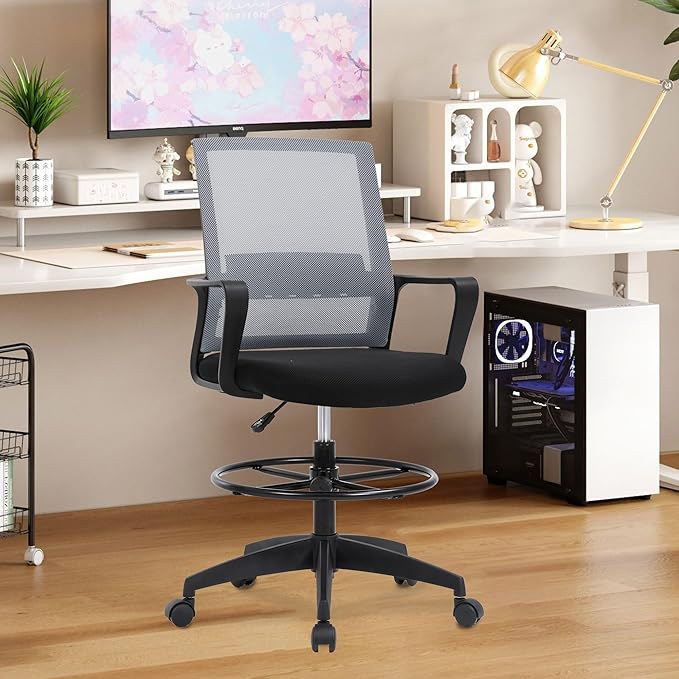 BestOffice Drafting Chair Tall Office Chair Adjustable Swivel Rolling Mesh Height with Lumbar Support Arms Footrest Mid Back for Adults Standing Desk Drafting Stool (Ashy)