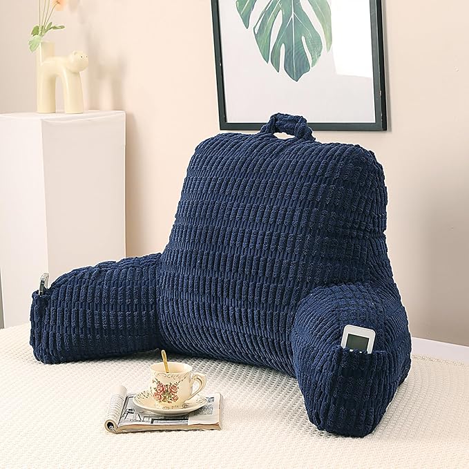 PAJEO Reading Pillow for Sitting in Bed, Large Backrest Reading Pillow with Arm Rest,Back-Rest Support Cushion for Sit Up on Couch, Sofa, and Floor, Dorm Essentials (Dark Blue Corduroy, Standard(17"))