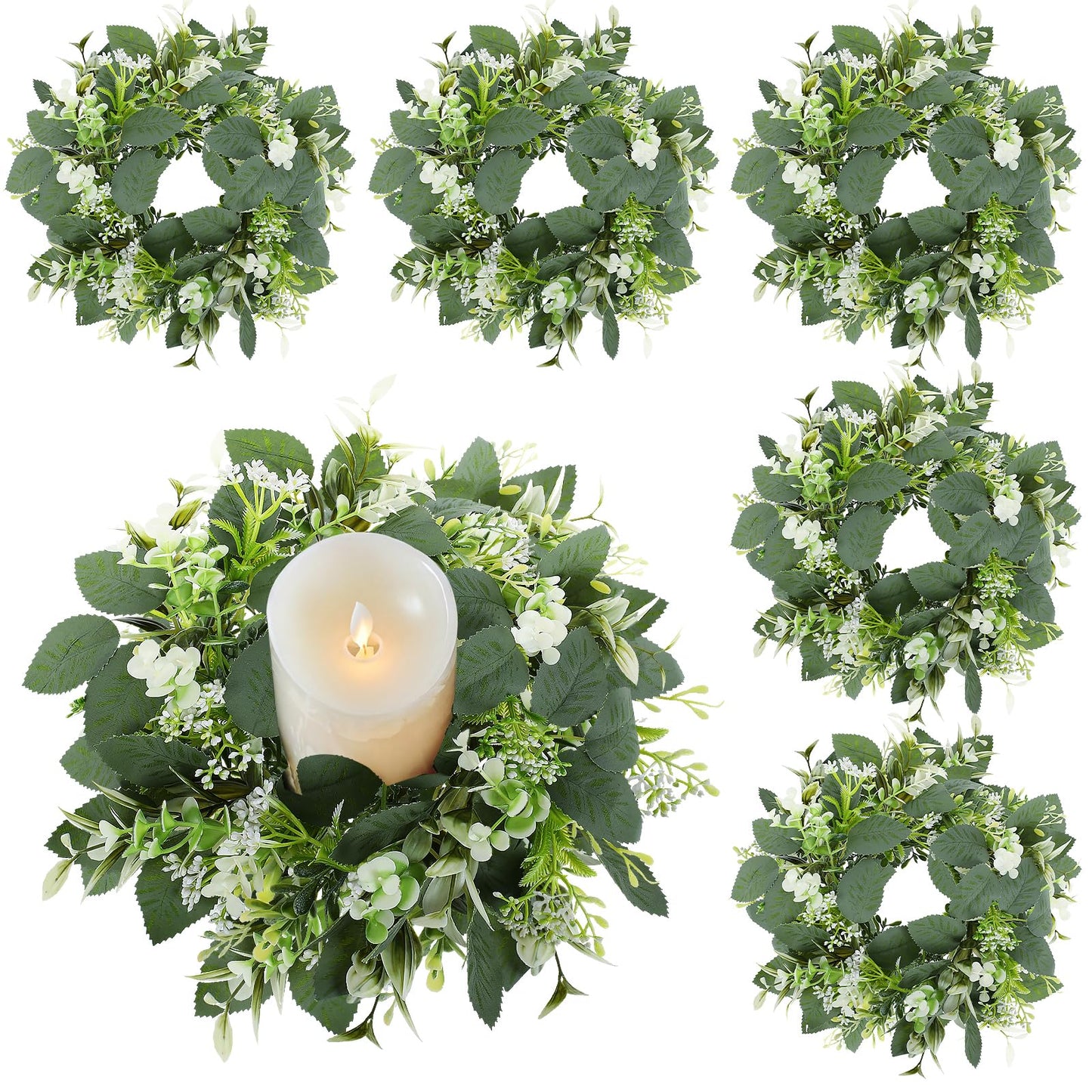 6PCS Artificial Eucalyptus Leaves Wreaths Candle Rings Wreaths Summer Greenery Garland Pillar Holder for Home Wedding Party Table Centerpiece Green