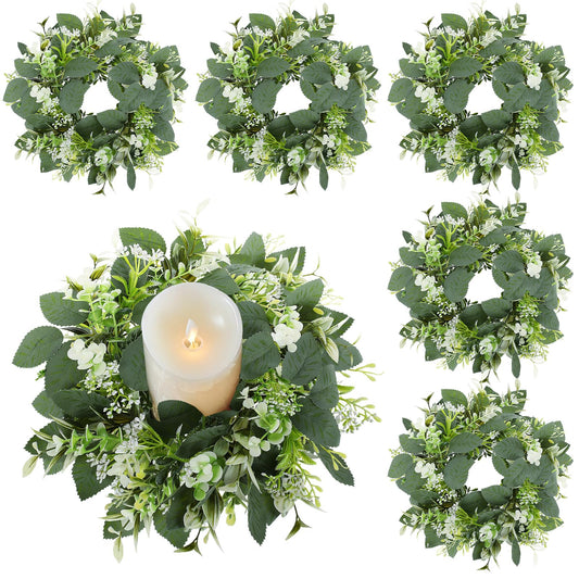 6PCS Artificial Eucalyptus Leaves Wreaths Candle Rings Wreaths Summer Greenery Garland Pillar Holder for Home Wedding Party Table Centerpiece Green