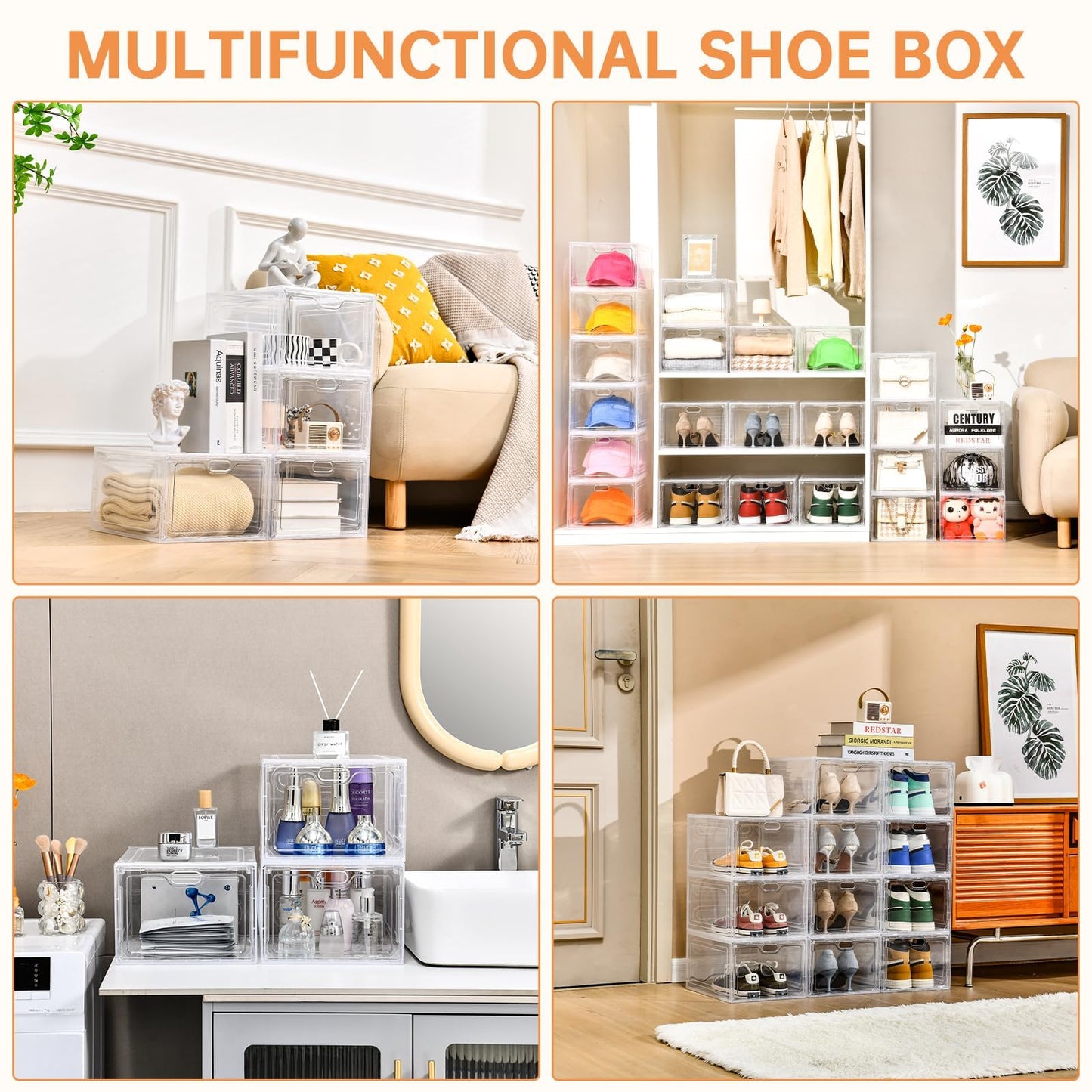 INSTY 12 Pack Large Shoe Storage Box, Clear Shoe Storage Organizer with Magnetic Door, Stackable,Shoe Containers For Display Sneakers, Easy Assembly, Fit up to US Size 12, Clear