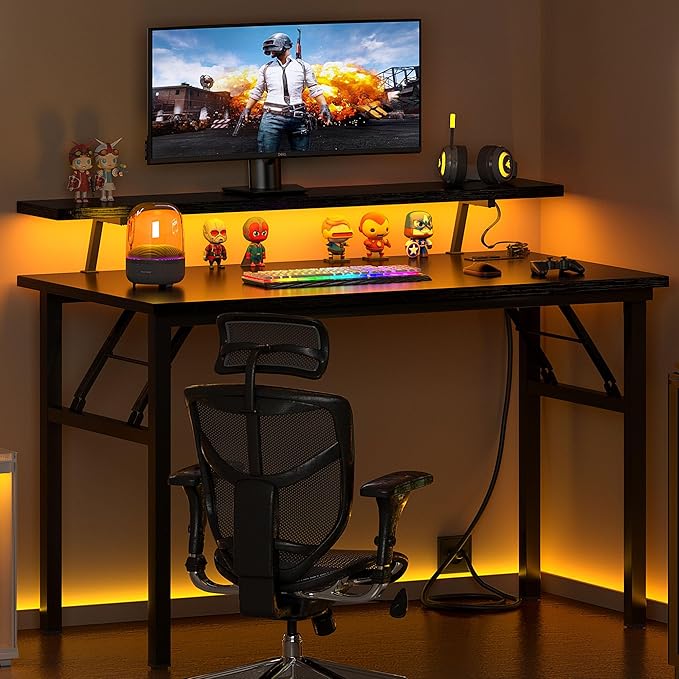DlandHome Computer Desk 39’’ with LED Lights & Power Outlets, Folding Desk with Monitor Stand, Writing Desk Home Office Desk, Black