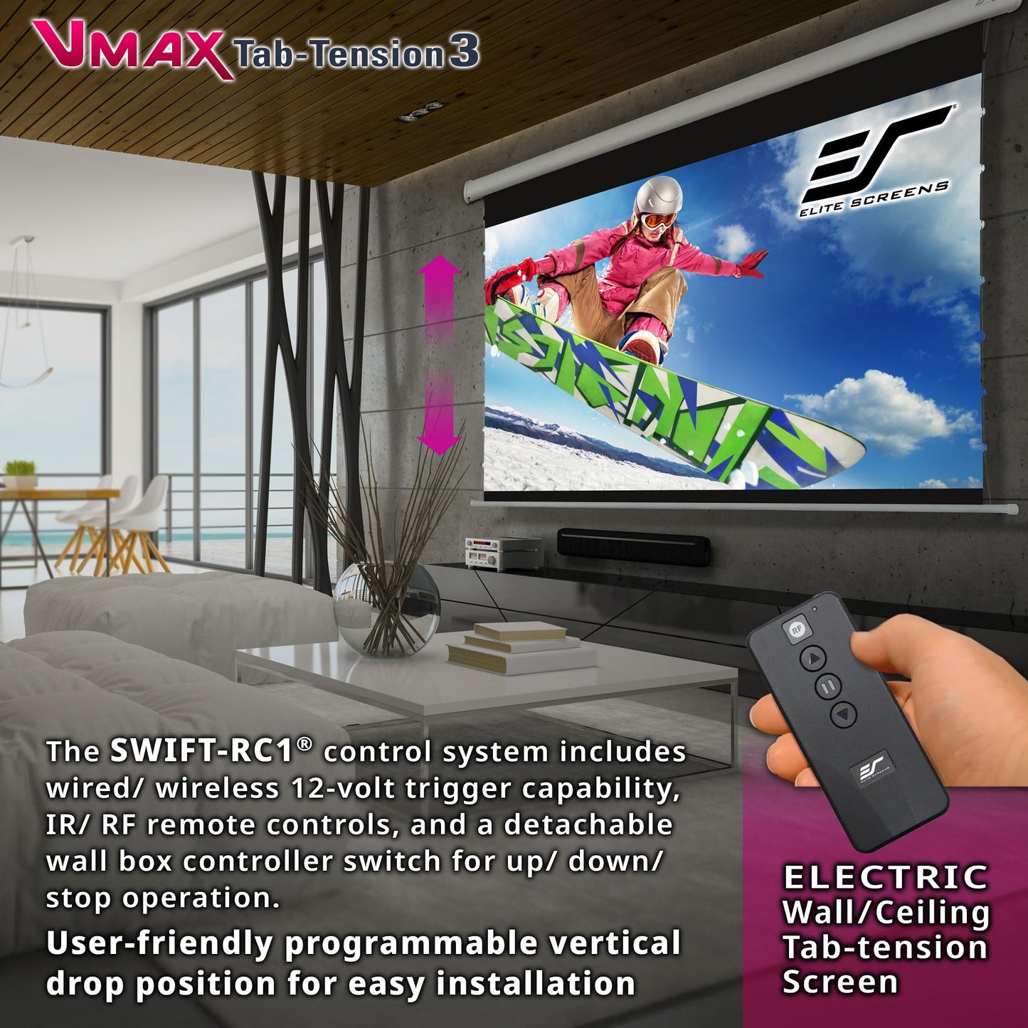 Elite Screens VMAX Tab Tension 3 Series, 135-INCH Electric Motorized Projector Screen Movie Home Theater Gaming, VMAXT135XWH3