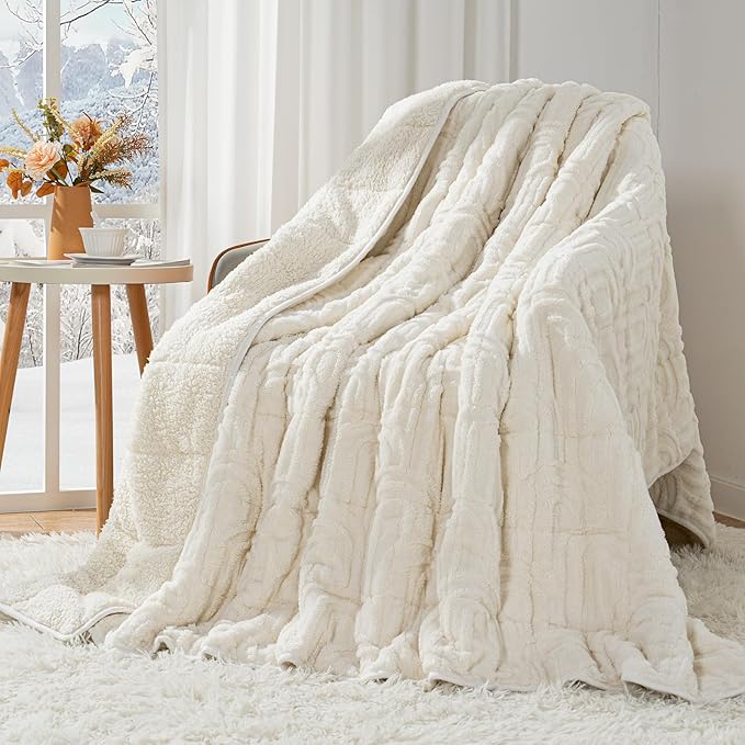 Cottonblue Weighted Blanket for Adults Queen Size 15 lbs, Soft Fluffy Sherpa Fleece Jacquard Weighted Blankets Throw 60" x 80" for Sleep Relax, Fuzzy Warm Arch Heavy Blanket for Bed Couch, Cream White