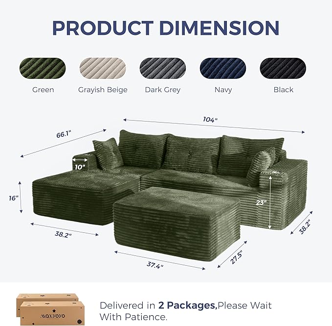 MAXYOYO 104" U-Shaped Modular Sectional Couch, Modern Boneless Couch for Living Room, Sofa in A Box, Oversized Sofa Sleeper with Deep Seat, No Assembly Required, Green