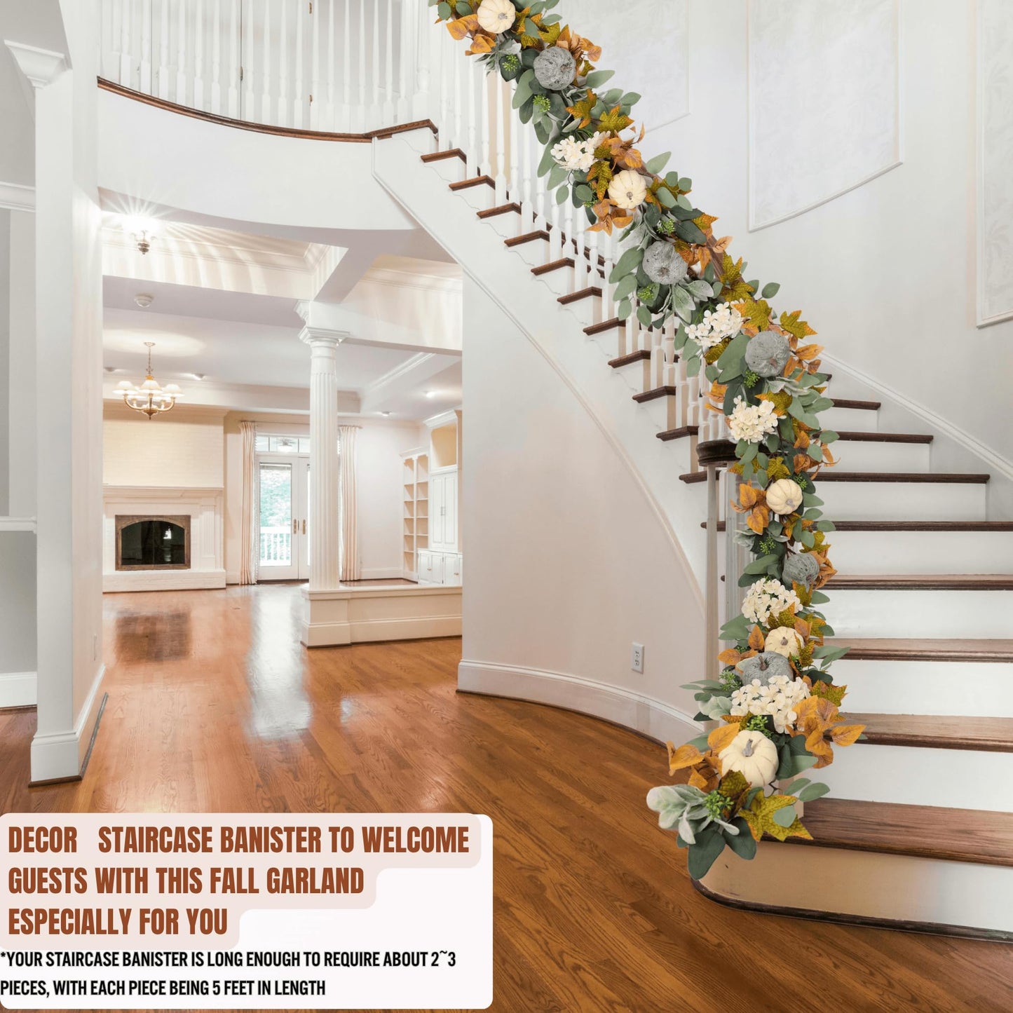 Fall Pumpkin Garland 60 Inch (5 Ft), Quixem Autumn Eucalyptus & Lambs Ear Garland with White Hydrangea Accents, for Thanksgiving Halloween Mantel Decor Table Centerpiece Home Wall Farmhouse Indoor