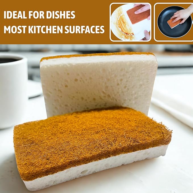 12 PCS Kitchen Sponges for Cleaning, Scrub Sponges for Dishes with Non-Scratch Scourer Pad, Natural Wood Cellulose & Coconut Fiber, for Nonstick Pans, Pots, Cups (2-in-1 Design)