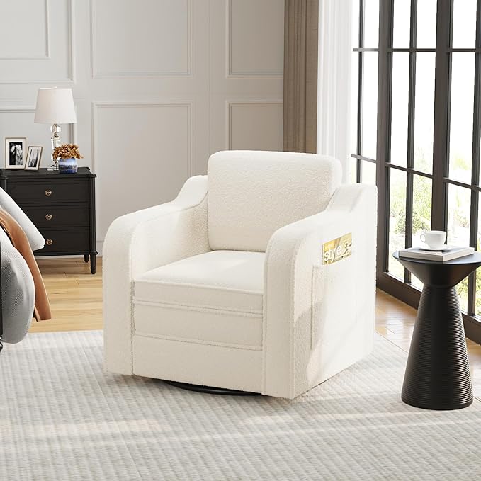 FiveWillowise Swivel Accent Chair for Living Room, 30 Inches Barrel Upholstered Armchair, Cozy Modern Arm Chair Single Sofa for Bedroom, Apartment, Reading Room, White