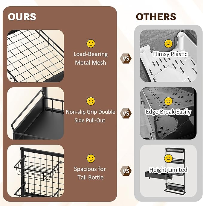 Under Sink Organizer Shelves, Pull Out Cabinet Organizers, Metal Hook Shelf Sliding Drawers for Kitchen Bathroom Closet Organization and Storage