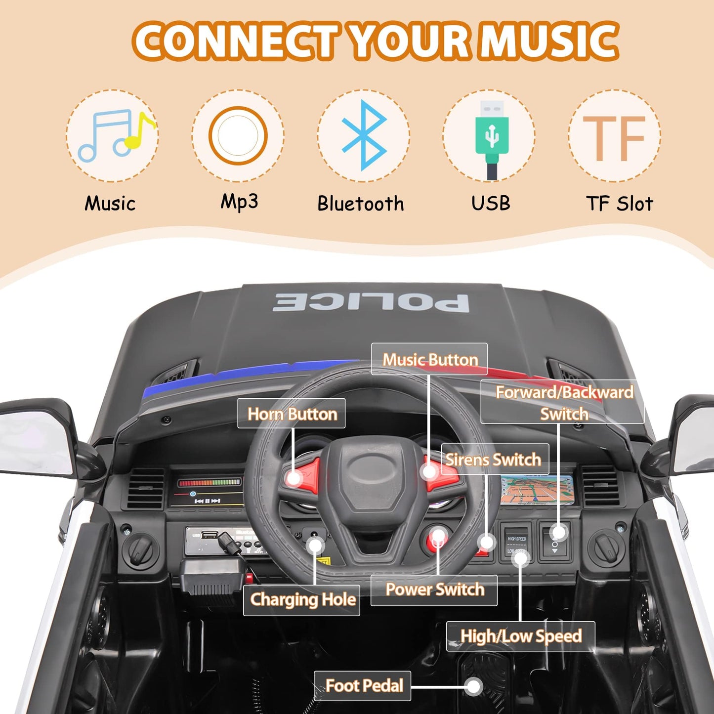 Police Car Ride On TOBBI Kid Car Cop Car for Kids to Drive with Parent Remote 12V Big Police Car Toys for Boys Toddler Electric Police Cars for Kids Ages 3-6 with Lights and Siren, Black