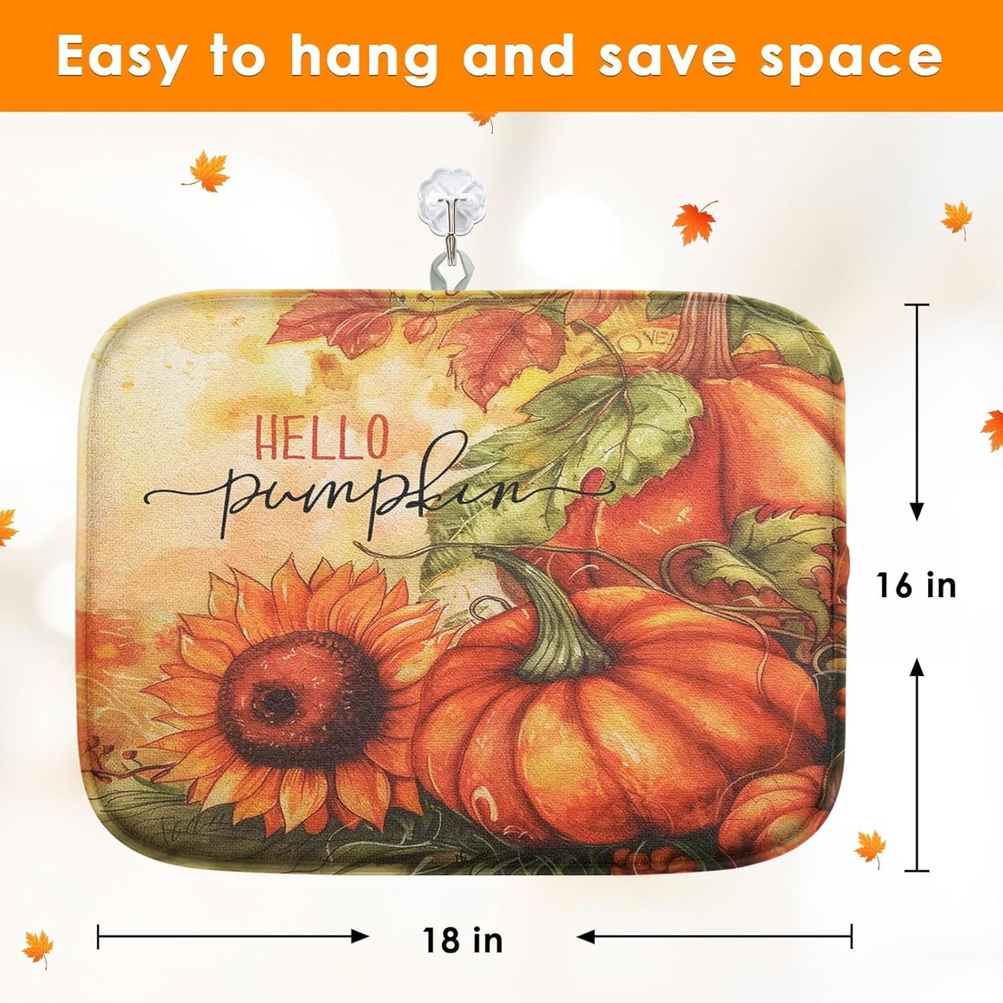 Sanwarm Absorbent Dish Drying Mat, Hello Pumpkin Flower Tree Microfiber Pad for Kitchen Counter, Vintage Fall Leaves for Coffee Bar Decor, Heat Resistant and Reversible, 16" x 18"