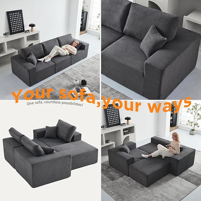 INGEROOM 108" Cloud Sectional Couch with Chaise, Modular L-Shaped Sofa, Deep Seat Comfy Corduroy Memory Foam Couch for Apartments, Dorms or Small Space, No Assembly Required, Dark Grey