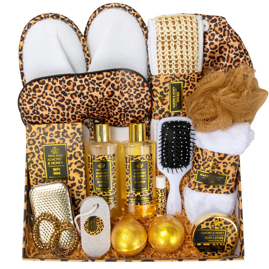 Bath Gift Set for Women, XXL 20 Pcs Skin Care Set Leopard, Slef Care Gifts Set , Mother's Day, Valentine, Birthday, Christmas, Home Spa Kits with Shower Gel, Body Lotion, Shower Cap, Manicure Set