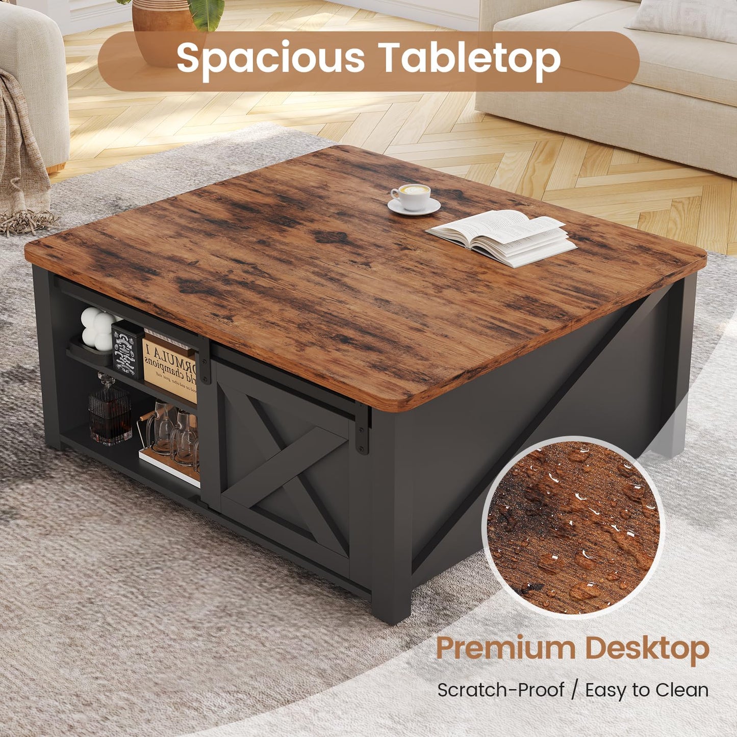 SEDETA 31.5" Lift Top Coffee Table with Storage, Square Coffee Tables for Living Room, Farmhouse Coffee Table with Large Hidden Storage Compartment and Adjustable Shelves, Black