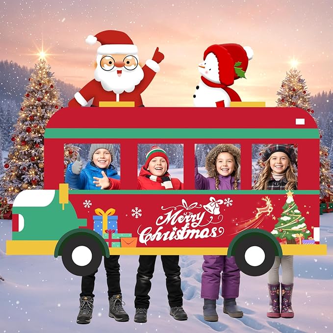 Christmas Bus Photo Booth Prop Merry Christmas Party Decorations Xmas Photography Background Backdrop Door Banner for Kids...