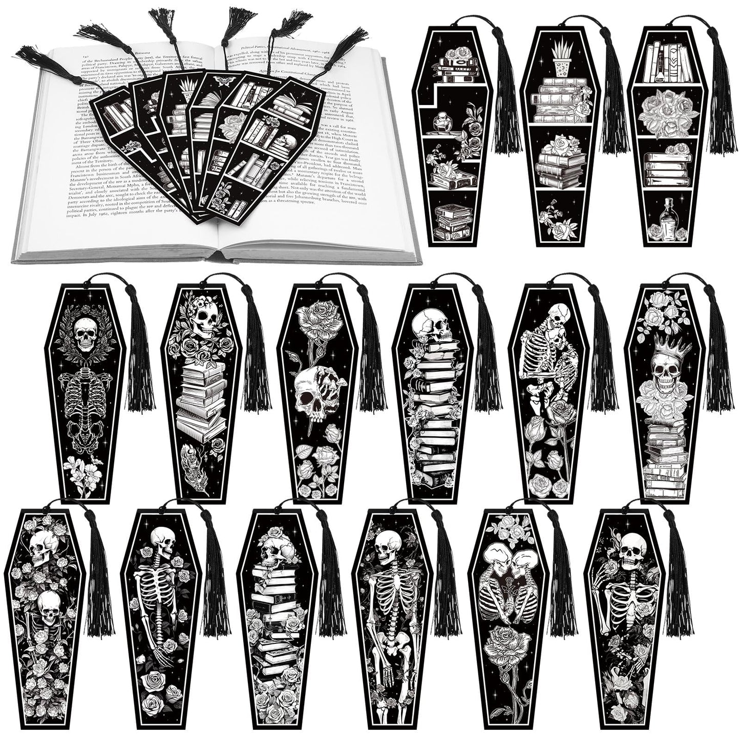 Kolldenn 120 Pcs 12 Styles Gothic Skeleton Coffin Bookmarks Double Sided Book Tracker Skull Horror Bookmark Gothic Book Marker with Black Tassels for Reading Lovers Gifts Accessories (Halloween)