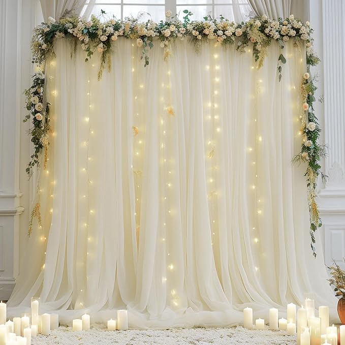 10ft x 10ft Ivory Backdrop Curtain with Lights String for Parties, Sheer Tulle Wedding Photo Backdrops Drapes for Baby Sho...