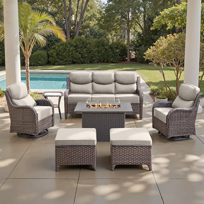 Belord Luxury 6" Thick Cushioned 7 Pieces Patio Furniture Set with Fire Pit Table, Wicker Outdoor Conversation Set with High Back Swivel Rocker Chairs for Deck Porch Yard and Poolside - Brown+Beige