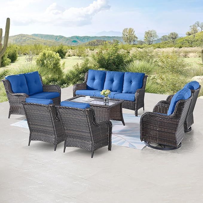Belord Outdoor Wicker Furniture Patio Set - 7 Piece Backyard Furniture Brown Rattan Conversation Sets with Swivel Rocker Chairs, Rattan Sofa, Club Chairs and Coffee Table, Blue Cushion